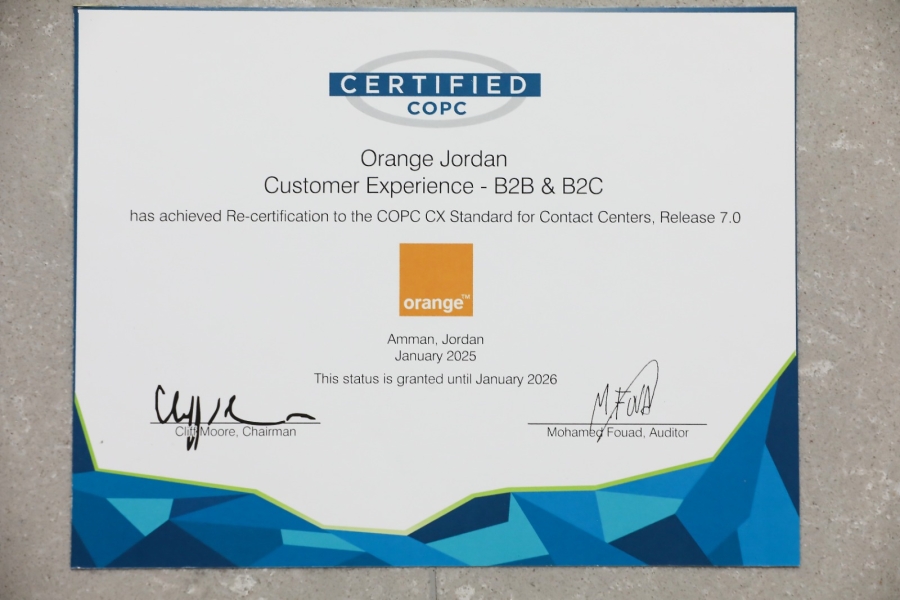 Orange Jordan Leads Highest Standards of Customer Service with COPC Certification Renewal for the Seventh Consecutive Year