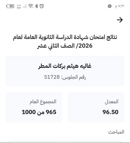 بكل مشاعر الفخر والفرح، نبارك للغالية غالية المطر نجاحها في الثانوية العامة وحصولها على معدل 96%